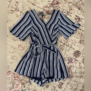 Altar’d State Striped Navy White Wrap Tie Waist Romper, S